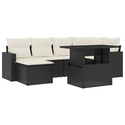 vidaXL Patio Sofa Set with Cushions 7 Piece, Garden Lounge Set, Outdoor Conversation Set, Sectional Sofa for Garden, Modern Style, Black Poly Rattan