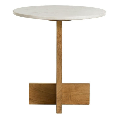 Modway Tarin Marble Top Side Table in Natural - Round Acacia Wood Living Room End Table - Modern Plant Stand or Small Drink Table