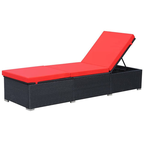 vidaXL Outdoor Sun Lounger with Cushion - Adjustable Comfort, Water- Poly Rattan, Black and Red, Sturdy Steel Frame - Ideal Garden or Patio Furniture