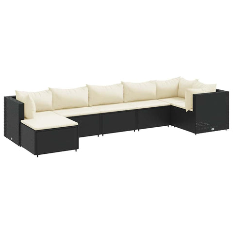vidaXL Set of 7 Black Polyrattan Garden Living Room with Cushions