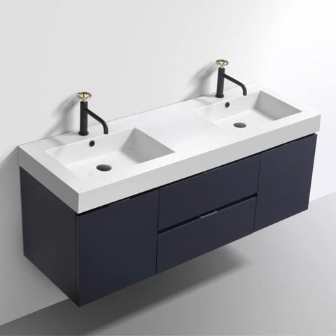 Oakestry Bliss 60 Inch Wall Mounted Bathroom Vanity Blune Finish Modern Floating Cabinet with Double Integrated Ceramic Sinks and Soft Close Drawers for Large Bathrooms