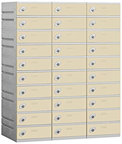 Salsbury Industries Assembled 10-Tier Plastic Locker with Three Wide Storage Units, 738.25-Inch High by 18-Inch Deep, Tan