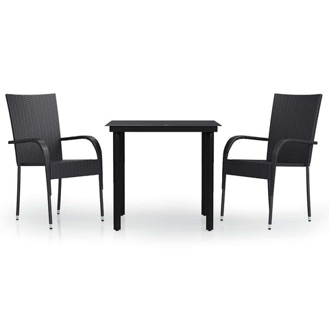 vidaXL Patio Dining Set - 3 Piece Outdoor Black Dining Furniture Set with PE Rattan Chairs and Glass Tabletop