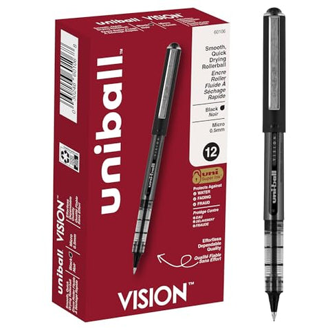Uniball Vision Rollerball Pen - 12 Pack, Black Pens, 0.5mm Micro Tip Size - Smooth Writing Japanese Pens, School Supplies