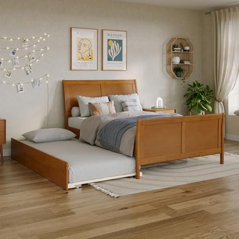 Portland Full Platform Bed with Matching Footboard & Twin Trundle in Light Toffee