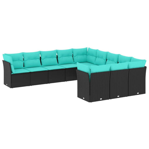 vidaXL 11-Piece Outdoor Patio Sofa Set - Black PE Rattan/Blue Cushions - Modular Design - Removable Covers - Weather-Resistant
