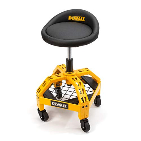 DEWALT Heavy Duty Adjustable Rolling Shop Stool, 360-degree Swivel Industrial Garage Stool with Padded Seat, Storage Shelf, Removable Wheels