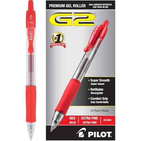 Pilot, G2 Premium Gel Roller Pens, Extra Fine Point 0.5 mm, Pack of 12, Red