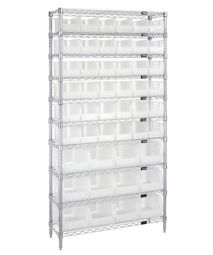 QUANTUM STORAGE SYSTEMS WR10-230240GN Wire Heavy Duty 10 Shelves 74" H x 36" W x 14" D with 48 Green Bins Multi-Sizes