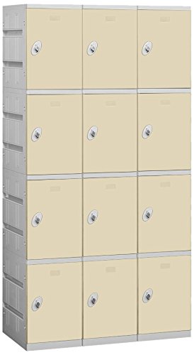 Salsbury Industries Assembled 4-Tier Plastic Locker with Three Wide Storage Units, 738.25-Inch High by 18-Inch Deep, Tan