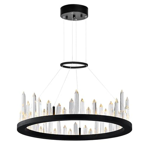 Juliette 24in Black LED Chandelier with Crystal Prisms – Modern Geometric Flush Mount Ceiling Light Fixture – Integrated LED Lighting for Dining Room, Living Room, or Entryway