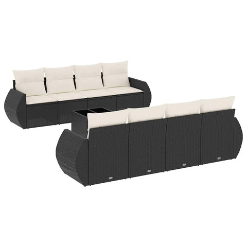 vidaXL Patio Sofa Set with Cushions 9 Piece, Sectional Sofa with Glass Table, Outdoor Conversation Set, Modern Style, Black Poly Rattan