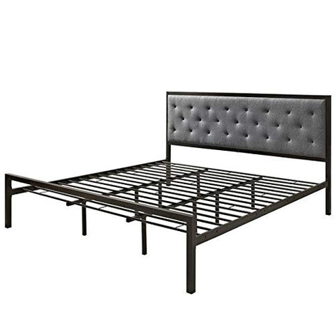 FastFurnishings King Size Modern Metal Platform Bed with Gray Button Tufted Headboard