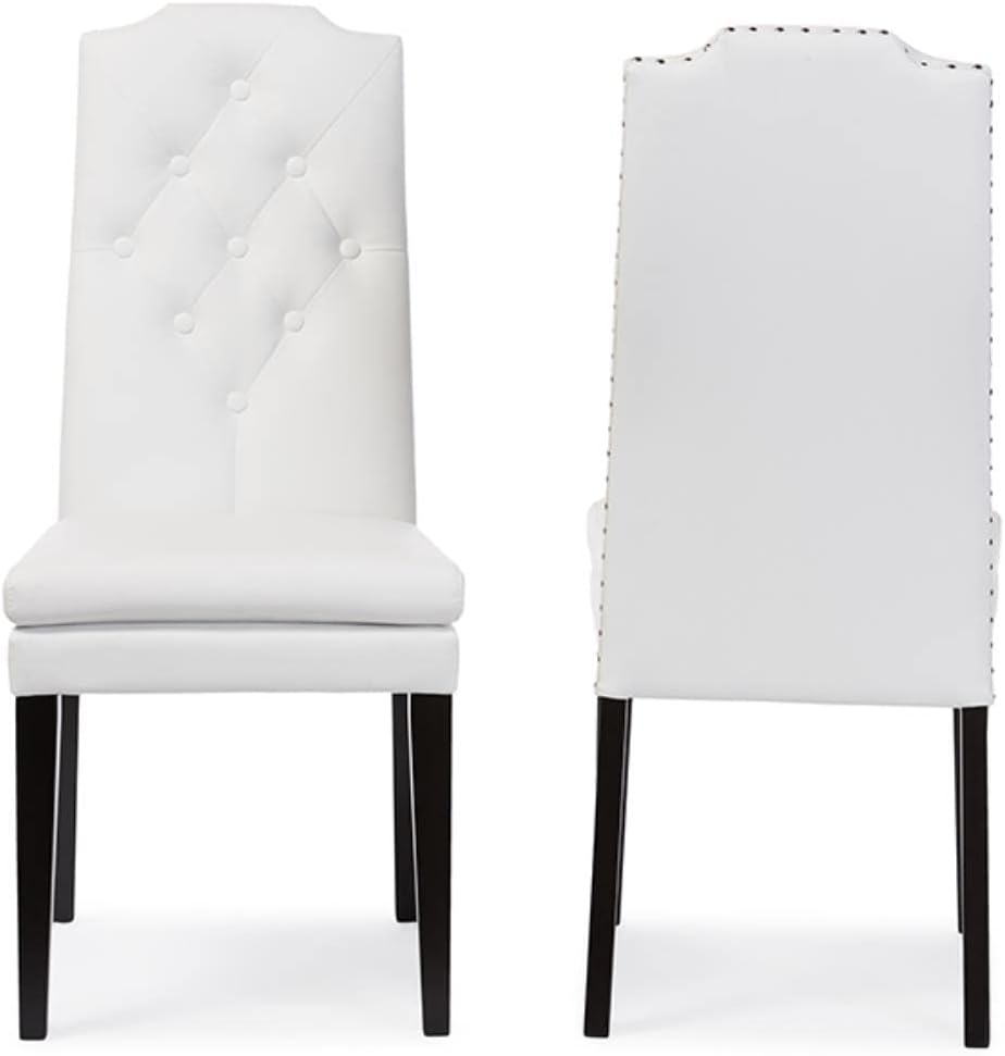 Baxton Studio Dylin Dining Chair and Dining Chair White Faux Leather Button-Tufted Nail heads Trim Dining Chair