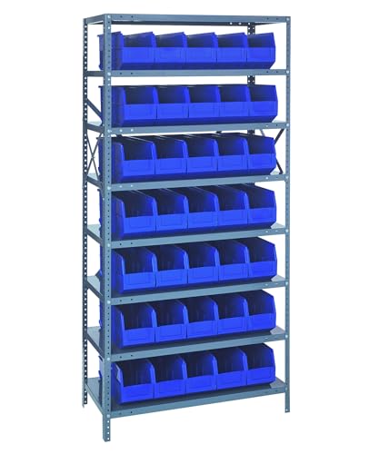 Quantum Storage Systems 1875-461BL Solid Heavy Duty 8 Shelves 35 Stackable Shelf Bins Blue Bins 75" H x 36" W x 18" D
