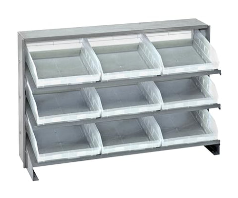 Quantum QPRHA-109CL Sloped Quickpick Cart | Bench Style Mobile Storage Rack for Industrial Display | (9) QSB109 Clear Bins; (3) Shelves | 250 lbs Capacity, 12.5"L x 36"W x 23"H, Gray, Carbon Steel