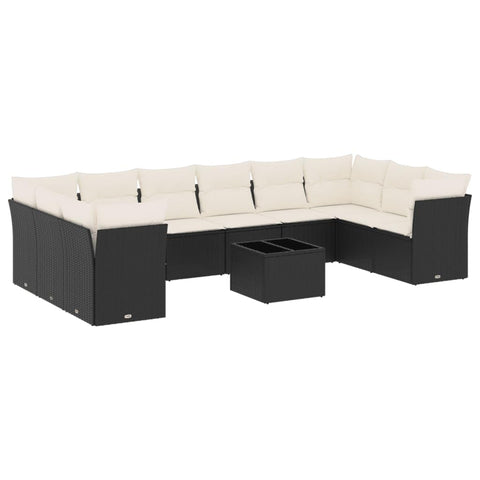 vidaXL Patio Sofa Set with Cushions 11 Piece, Sectional Sofa with Glass Table, Outdoor Conversation Set, Modern Style, Black Poly Rattan