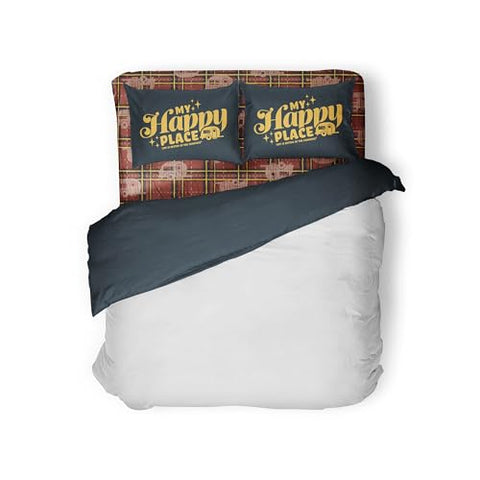 Camco Life is Better at The Campsite Bed Sheet Set | Crafted of 100% Polyester & Machine Washable | Features a Red Plaid My Happy Place Vintage-Inspired Look | Camper/RV Short Queen-Size Beds (53119)