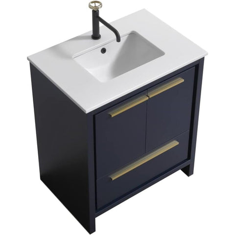 Oakestry Dolce 30 Inch Blue Freestanding Modern Bathroom Vanity with White Quartz Countertop Soft Close Drawer and Undermount Sink