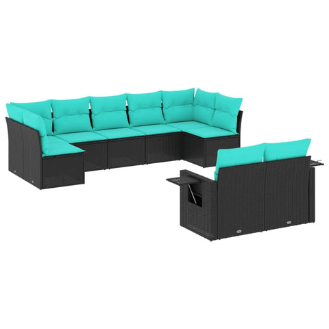 vidaXL Patio Sofa Set - 9-Piece Black Rattan Outdoor Furniture w/Cushions - Folding Side Tables, UV-, Weather-