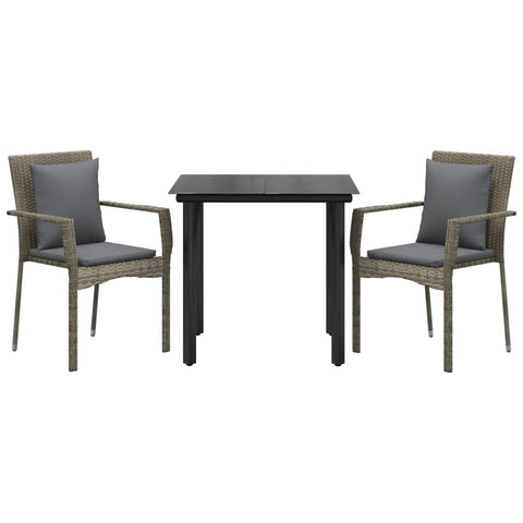 vidaXL 3 Piece Patio Dining Set - Modern Outdoor Furniture with Cushions, Black and Gray Poly Rattan Chairs and Table, Weather-Resistant, Easy to Clean, Modular Design