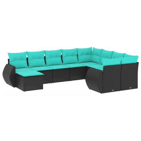 vidaXL Patio Sofa Set with Cushions 10 Piece, Sectional Sofa with Glass Table, Outdoor Conversation Set, Modern Style, Black Poly Rattan