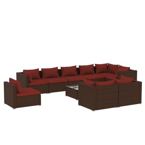 vidaXL Patio Lounge Set 10 Piece, Patio Furniture Set for Outdoor Garden, Sectional Sofa with Cushions, Corner Sofa, Poly Rattan Brown