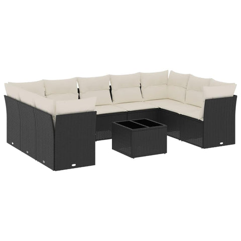 vidaXL Patio Sofa Set with Cushions 10 Piece, Sectional Sofa with Glass Table, Outdoor Conversation Set, Modern Style, Black Poly Rattan
