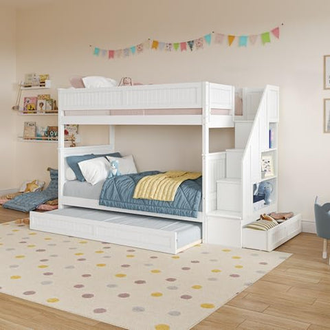 Dover Twin over Twin Staircase Bunk Bed with Storage Drawer and Twin Trundle in White