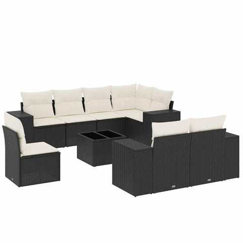vidaXL 9 Piece Modular Garden Sofa Set with Cushions Black and Cream Rattan Weather Resistant Outdoor Lounge Furniture Perfect for Patio Deck Or Backyard Conversation Poly Sectional