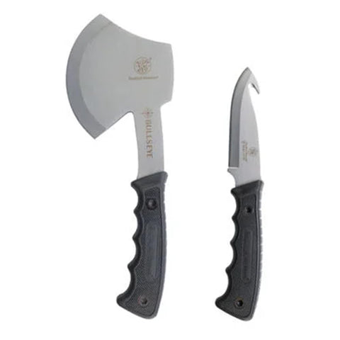 Smith & Wesson Bullseye Hatchet and Fixed Blade Guthook Knife Combo with S.S. Blade and Rubber Handle for Outdoor, Tactical, Survival and Everyday Carry