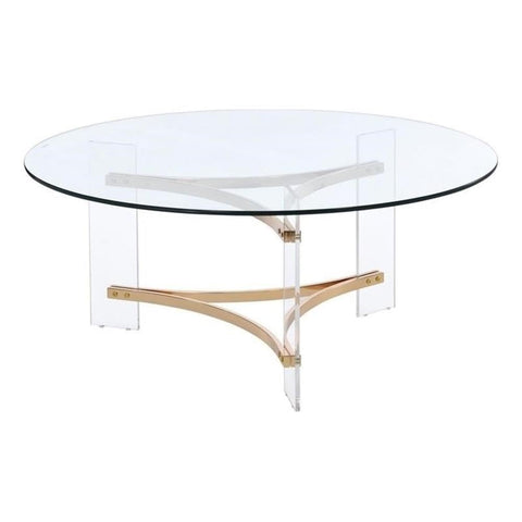 Acme Sosi Round Tempered Glass Top Coffee Table in Clear and Gold