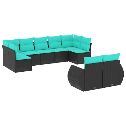 vidaXL Patio Sofa Set with Cushions - Black Poly Rattan - Outdoor Furniture 9 Piece - Modular Design - Cushions Included