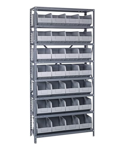 QUANTUM STORAGE SYSTEMS 1275-423GY Solid Heavy Duty 8 Shelves 28 Stackable Shelf Bins Gray Bins 75" H x 36" W x 12" D