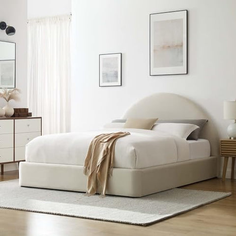 Modway Resort Queen Size Platform Bed with Arch Shaped Round Headboard in Alabaster, Upholstered Velvet Bed Frameain-Resistant Performance Velvet, Soft Cloud Bed Frame, No Box Spring Needed