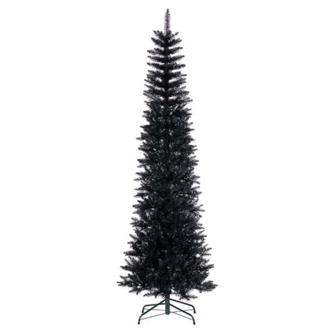 Vickerman 6.5" x 28" Black Pencil Artificial Unlit Christmas Tree. It Measures 78 inches Tall, and 28 inches Wide, which is considered a Pencil Profile.
