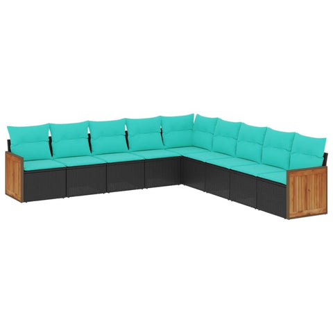 vidaXL 9-Piece Black Patio Sofa Set with Blue Cushions - Modular Outdoor PE Rattan Garden Lounge - Weather- Furniture for Backyard, Terrace, Deck