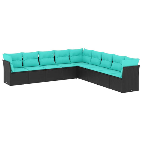 vidaXL Patio Sofa Set with Cushions - Black Poly Rattan Outdoor Furniture, 9 Piece, Modular Design, Ideal for Garden, Patio, Deck - Blue Cushions