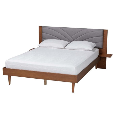 Baxton Studio Hemera Gray Fabric Brown Wood Queen Size Platform Bed with Table
