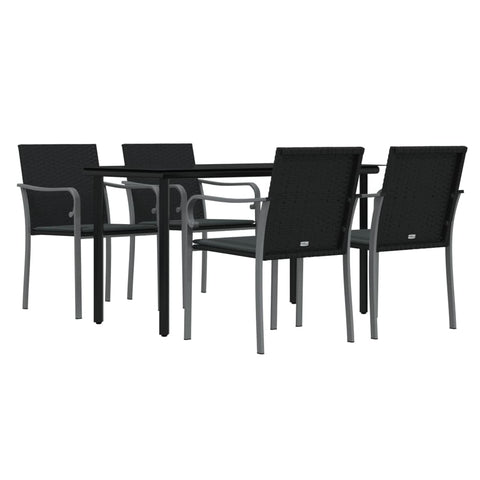 vidaXL 5-Piece Patio Dining Set with Cushions, Weather- PE Rattan and Stable Steel Frame, Tempered Glass Tabletop, Comfortable Seating for Patio, Garden, Outdoor Living Space