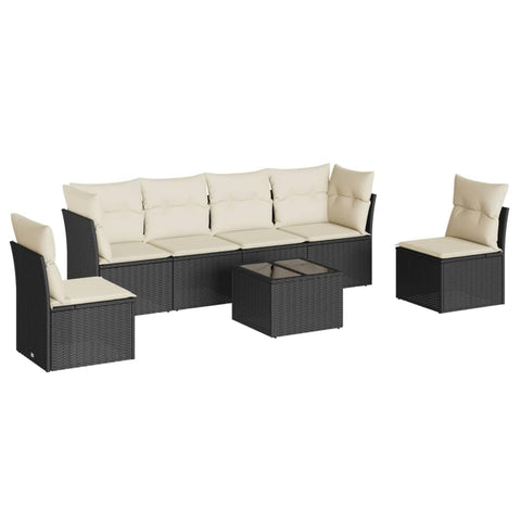 vidaXL 7 Piece Modular Garden Sofa Set with Cushions in Black and Cream | Outdoor Furniture Storage PE Rattan Tempered Glass Table Indoor/Outdoor Use Modern Design Patio Lounge Wicker Poly Corner
