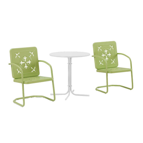 Crosley Furniture Azalea 3-Piece Vintage Outdoor Bistro Set, Retro Metal Patio Table and Chairs, Porch, Balcony, Key Lime Gloss/White Satin