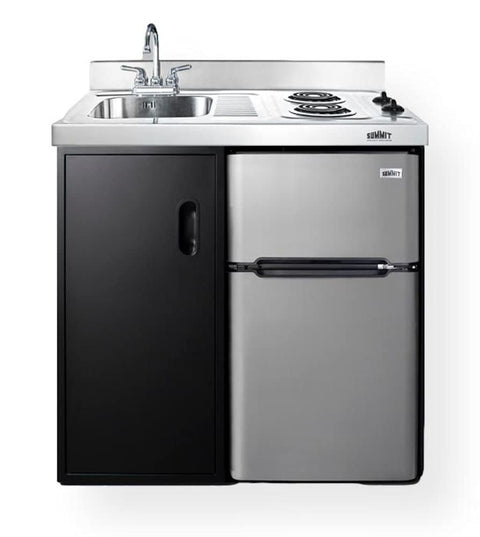 Summit Appliance CK36EL Wide All-in-One Kitchenette; 3.2 cu.ft; Cycle Defrost; Includes a 2-Door Refrigerator-Freezer; 2-Burner Coil Cooktop; Sink and Large Storage Cabinet