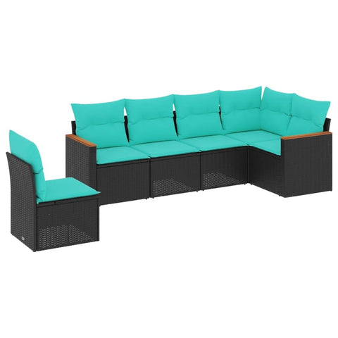 vidaXL Patio Sofa Set with Cushions - 6 Piece, Black Poly Rattan Outdoor Garden Seating Furniture, Modular Design, Washable Covers, Weather-Resistant, Steel Frame