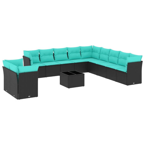 vidaXL Patio Sofa Set with Cushions 12 Piece, Sectional Sofa with Glass Table, Outdoor Conversation Set, Modern Style, Black Poly Rattan