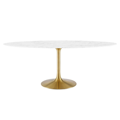 Modway Lippa 78" Oval-Shaped Mid-Century Modern Dining Table with Artificial Marble Top and Gold Base