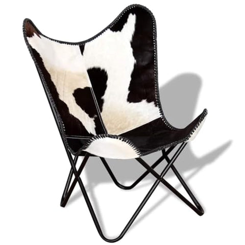 vidaXL Real Cowhide Leather Butterfly Chair – Vintage Style, Ergonomic Design, Black and White, Durable Iron Frame, for Living Room, Bedroom, Patio