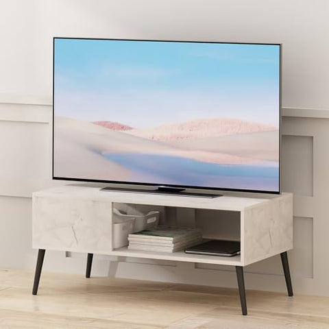 Furinno Claude Mid Century Style TV Stand for TV up to 40 with Wood Legs Marble White