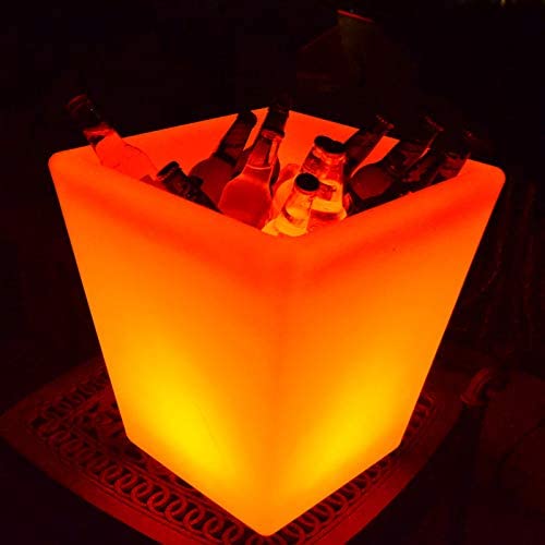 FIJI- LED Illuminated square Planter/Ice Bucket with 16 color changing options and 4 color changing modes on the remote, Portable, weatherproof, and requires no batteries, Charge lasts approximately 8 hours.