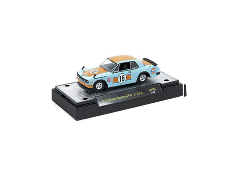 1971 Skyline GT-R RHD (Right Hand Drive) #15 Light Blue and Orange Auto-Lifts Series Limited Edition to 3300 Pieces Worldwide 1/64 Diecast Model Car by M2 37000-MJS01